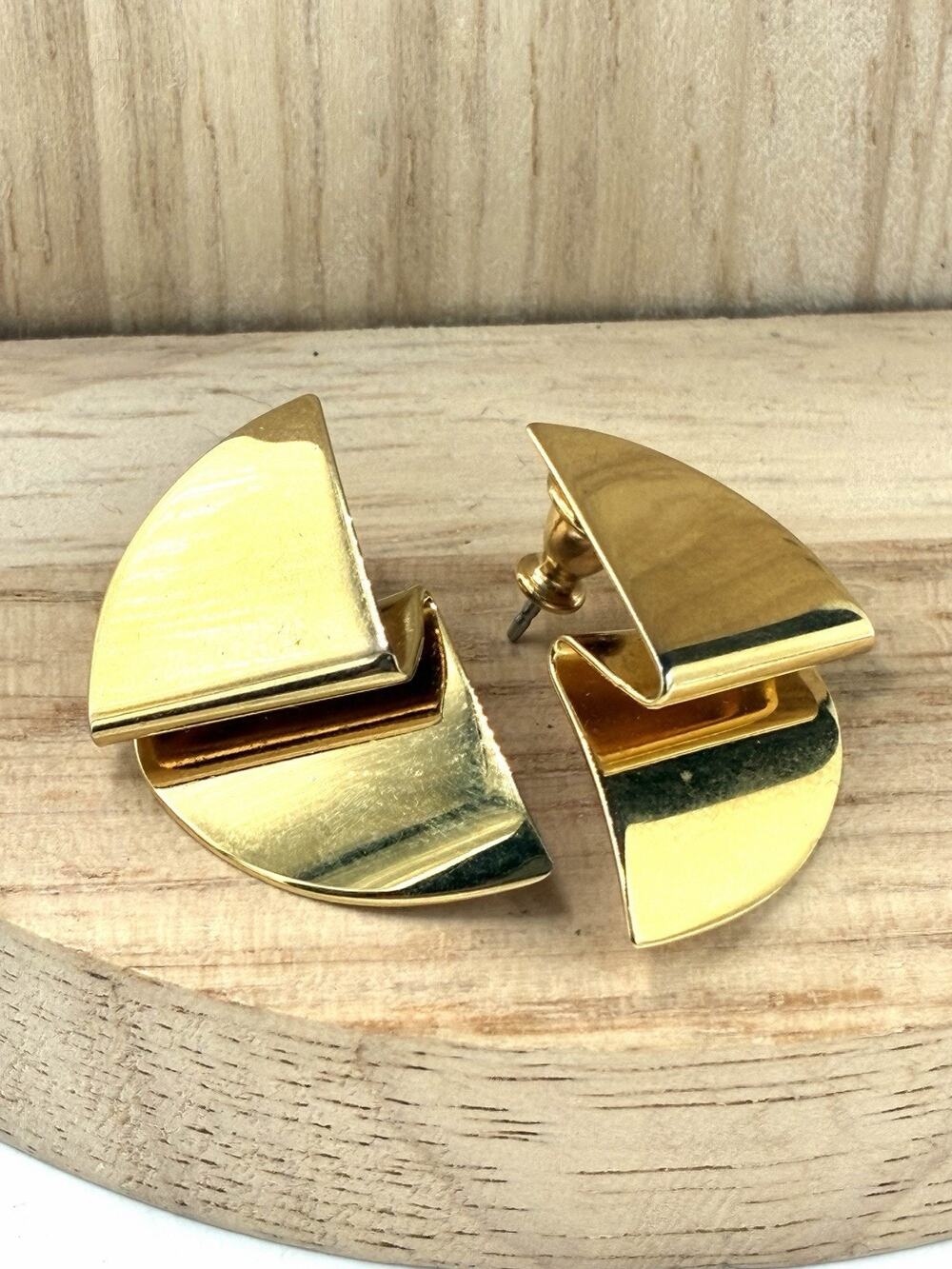 Monet Vintage Goldtone Geometric Circle Chevron Post Earrings Modernist 80s